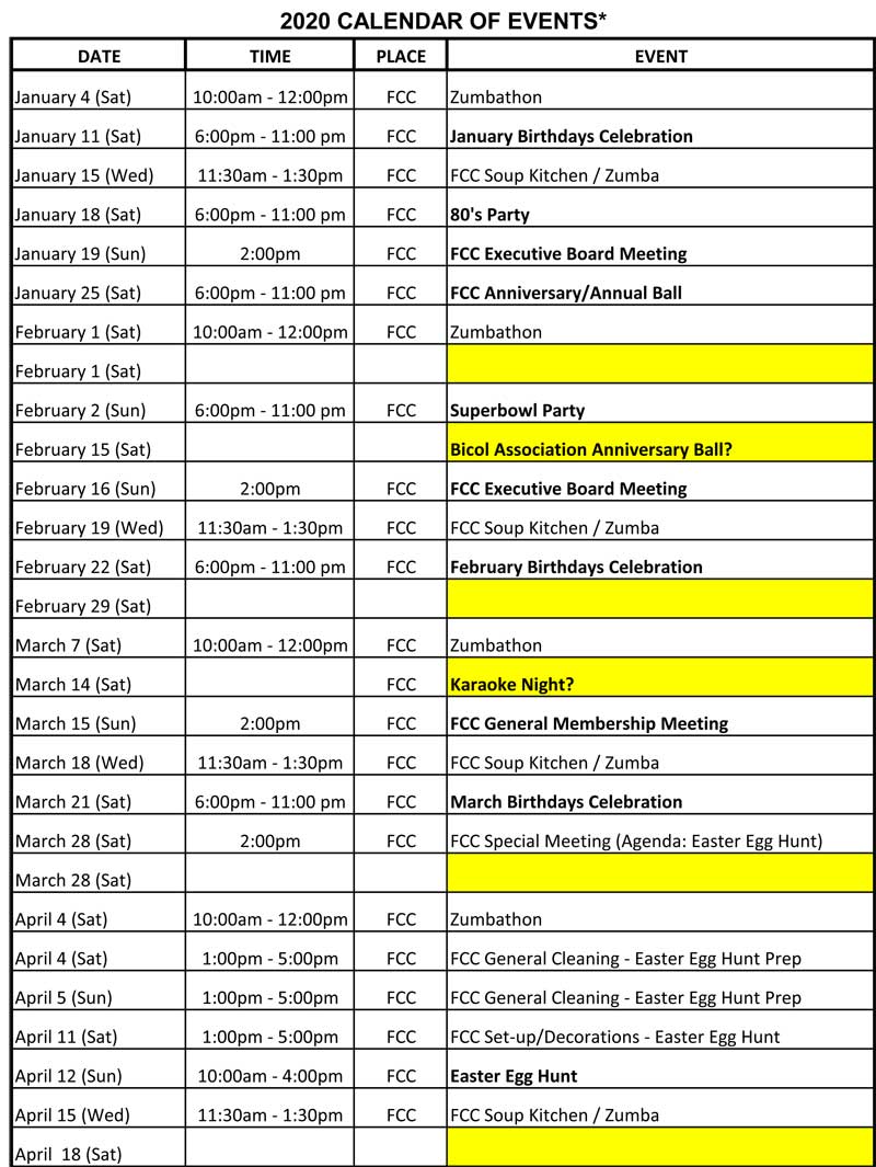 Calendar of Events FCC Filipino Community Center of Charleston SC
