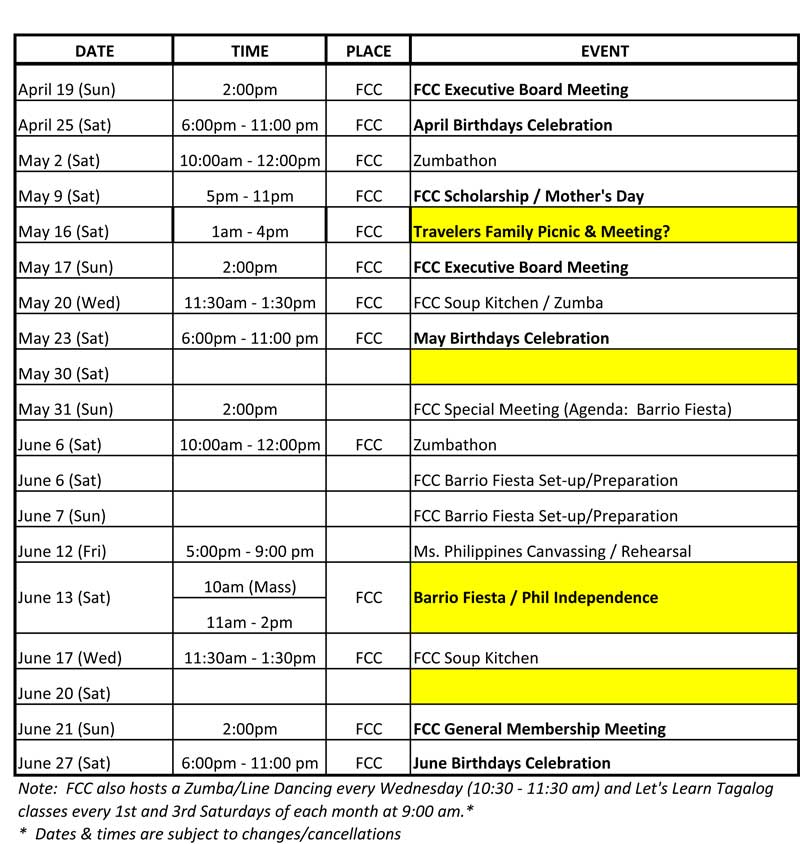 Calendar of Events FCC Filipino Community Center of Charleston SC